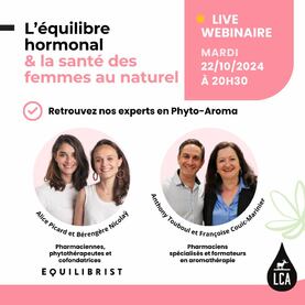 🗓️ SAVE THE DATE : mardi 22 octobre à 20h30 Nous sommes heureux de vous convier à un webinaire exceptionnel sur le thème de l’équilibre hormonal et de la santé des femmes au naturel ! 🌿Celui-ci sera animé par quatre pharmaciens spécialisés en phyto et aromathérapie qui vous proposeront de partager leurs connaissances approfondies et leurs cas pratiques autour du bien-être féminin, tout au long de la vie des femmes.👉 Inscrivez-vous dès maintenant en cliquant sur le lien dans la bio.#aromathérapie #huileessentielle #aroma #formationaroma #webinaire #formation #lca #aroma #acné #acnéhormonale #cyclemenstruel #tabous #santé #santedelafemme #femmes #hygienemenstruelle #hygiene